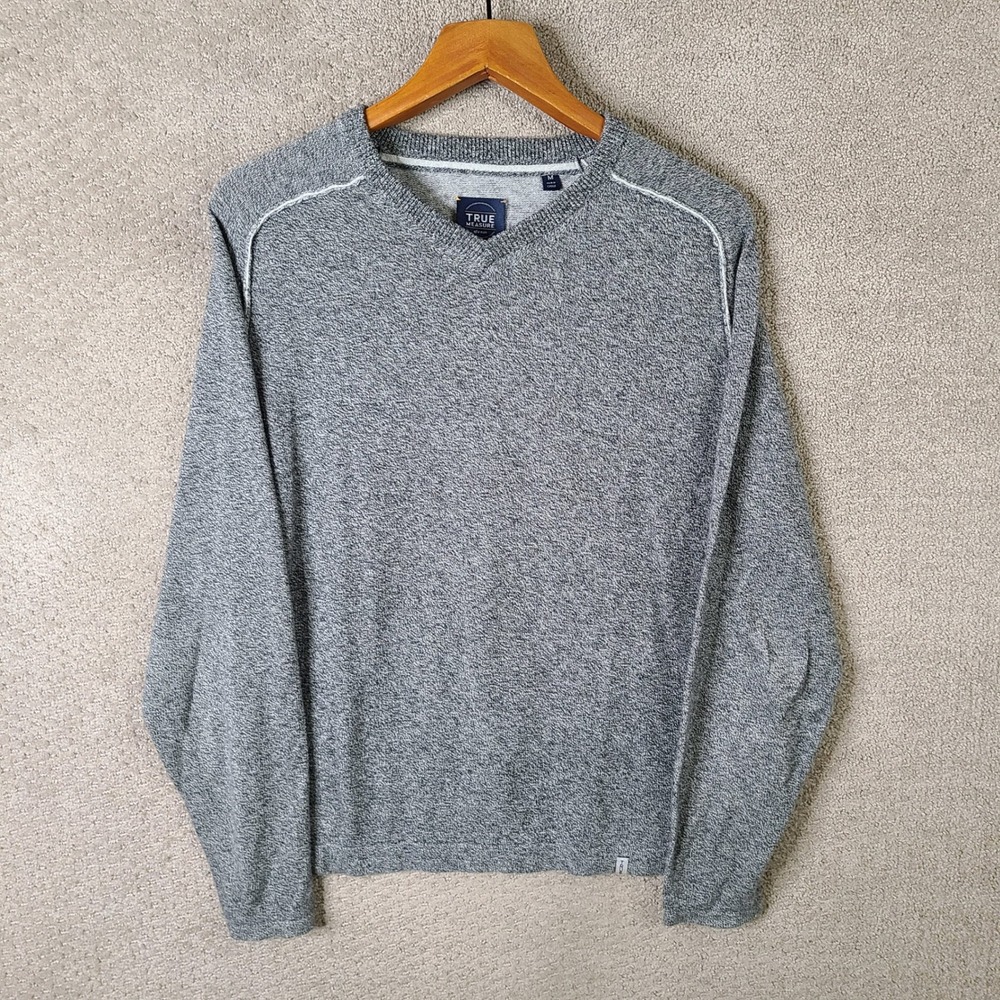 True Measure‎ Sweater Mens Medium Gray V Neck Pullover 100% Cotton Casual Soft